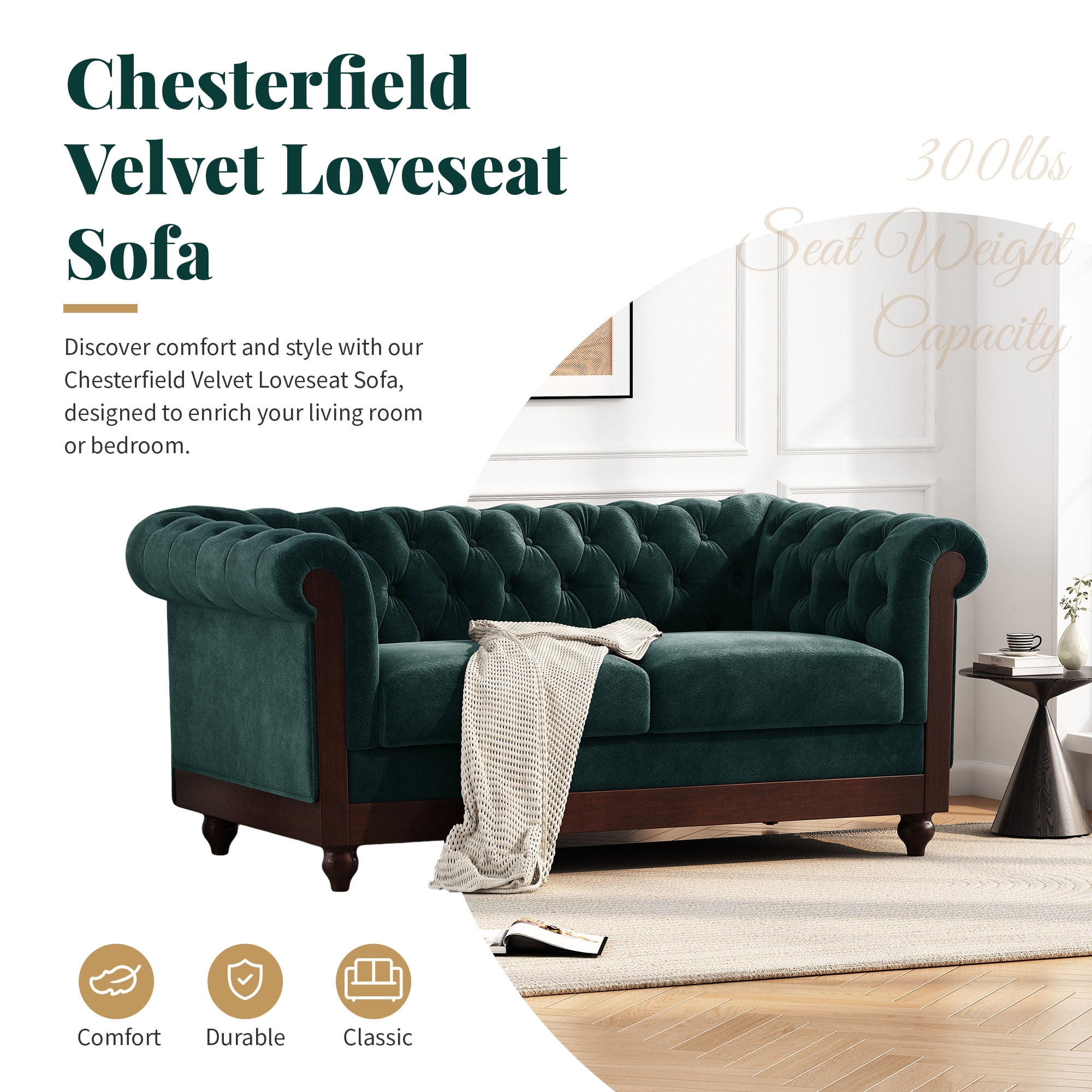 Euroco 59.44" Velvet Chesterfield Loveseat Sofa, Modern Upholstered Sofa Couch with Tufted Button Backrests and Rolled Arms,2 Seater Couch for Living Room,Bedroom, Office, Apartment,Forest Green