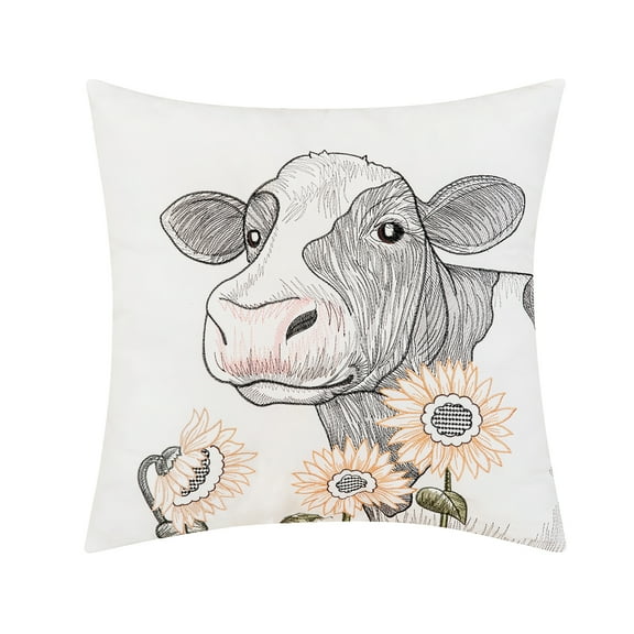 Happy Sunflower Cow Indoor / Outdoor Embroidered Throw Pillow, 18" x 18"