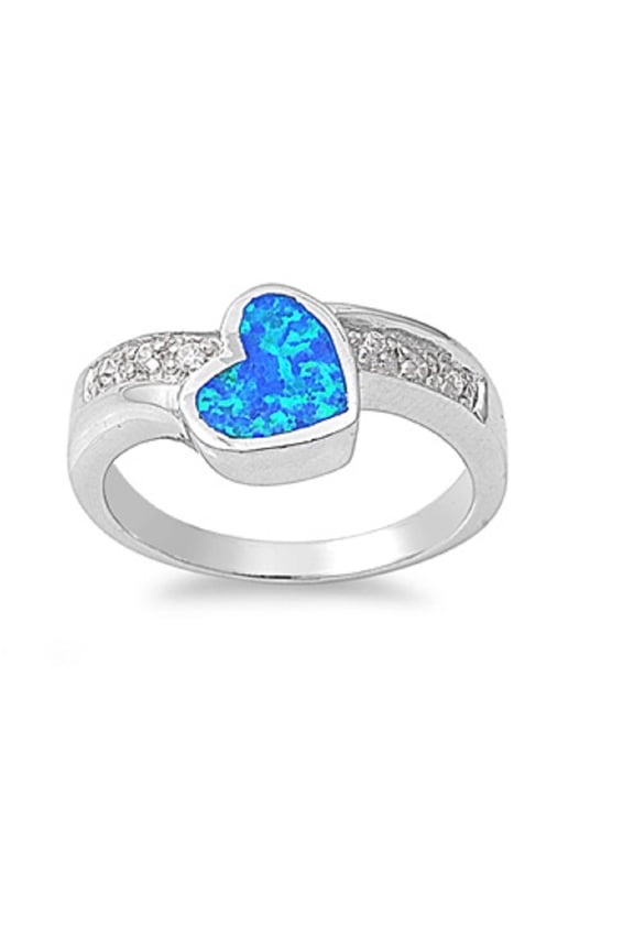 Sideway Heart Clear Cubic Zirconia Blue Simulated Opal Ring Sterling Silver Size 7