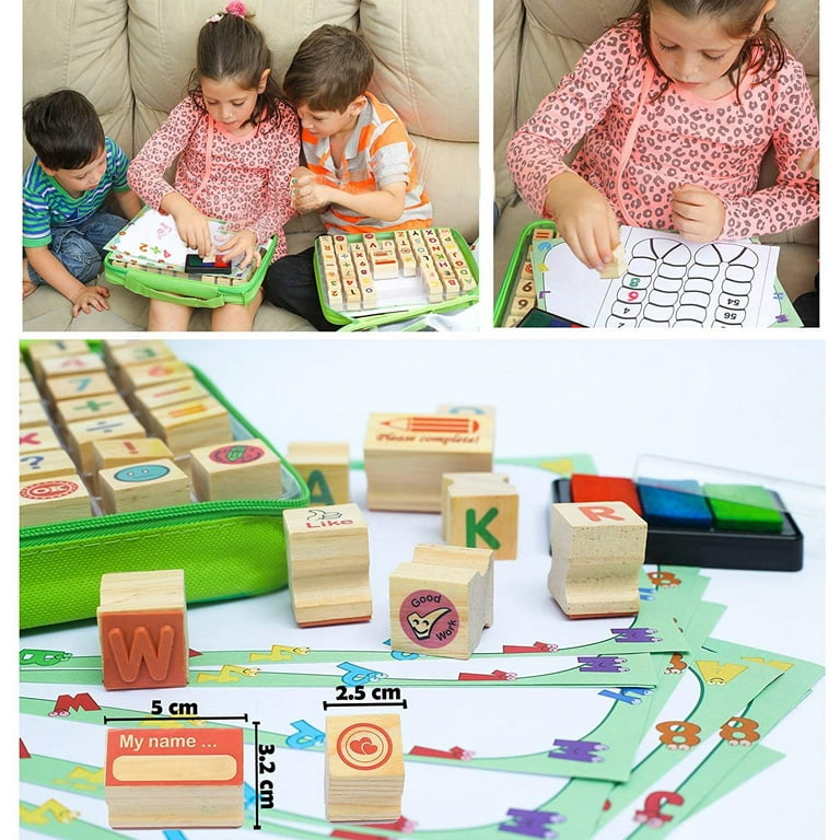 Wooden Stamp Set for Kids With Alphabet Stamps and Carry Case 72 Pcs  Letters, Numbers, Emojis, 3-color Washable Ink Pad, 3 Refill Bottles 