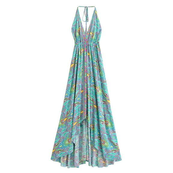 Women Wild Floral Print Backless Sexy Beach Bohemian Maxi Dress Lady High-Low Tassel Strapless Vacation Boho Dress