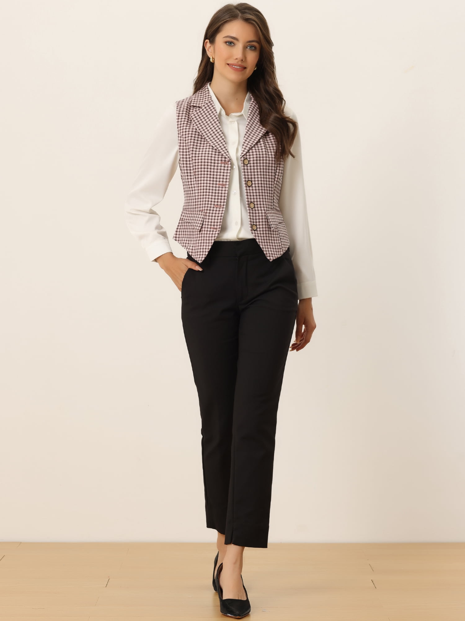 DARING DIVA Women's Plaid Waistcoat Notched Lapel Collar Vintage Vest XL Pink