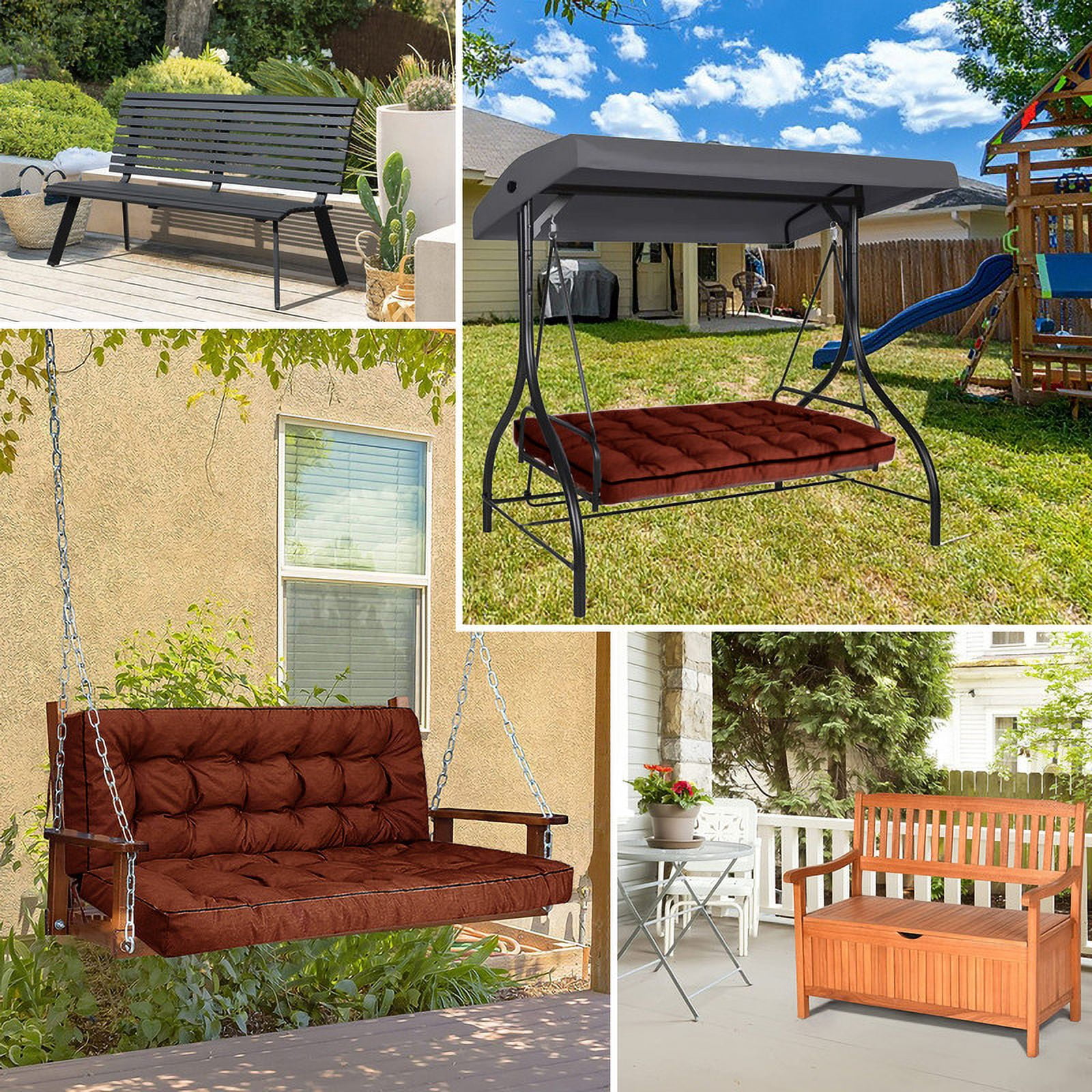 Porch Swing Cushions, Swing Cushions 3 Seater Replacement with Backrest, Thicken 4" Waterproof Bench Pad Cushions, Outdoor Loveseat Cushions Non-Slip Chairs Pad (Brown)