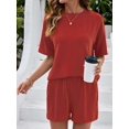 thumbnail image 5 of Women 2 Piece Shorts Set Casual Summer Outfits Ribbed Loose Short Sleeve Matching Lounge Sets Orange-Red S, 5 of 8