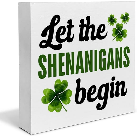 Zomyto 5"x5" St. Patrick Day Decor - Let the Shenanigans Begin Wood Box Sign St Patrick Day Wood Block Sign Desk