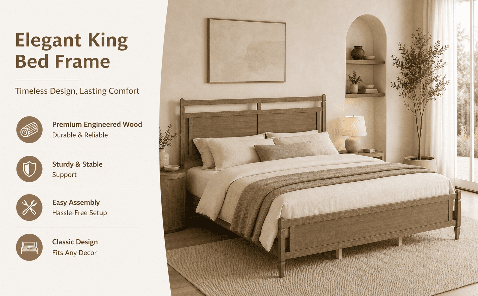 Euroco Modern Wood King Size Platform Bed, Mid-Century Bed Frame with Panel Headboard, No Box Spring Needed, Gray Oak
