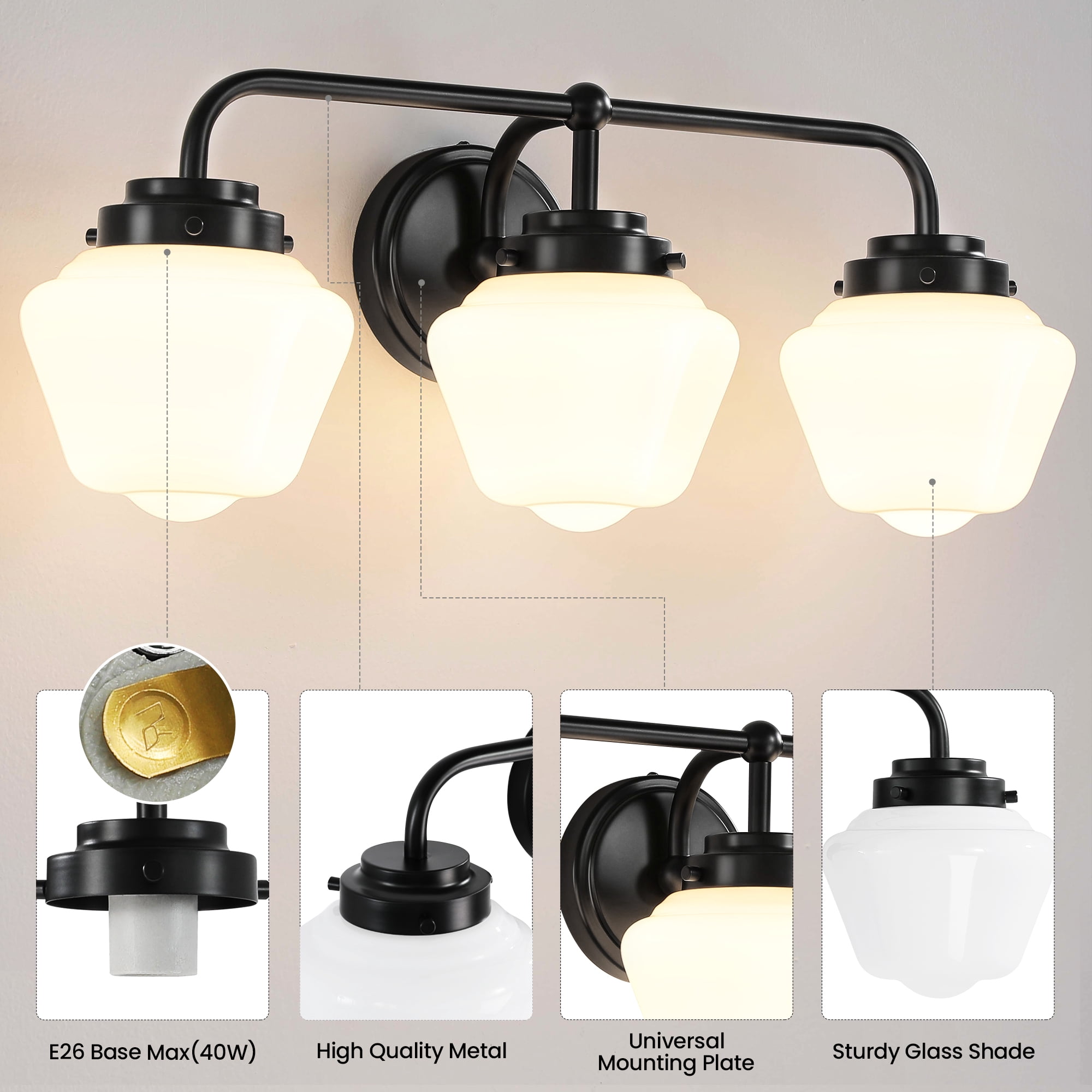 Bathroom Vanity Light Fixtures 3-Lights Gold Vanity Lights Over Mirror, E26 40W Modern Bathroom Lighting Fixture with Milky White Glass for Bath Restroom