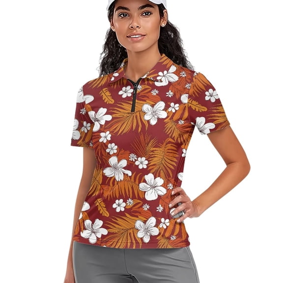 Garronmavis Zip Golf Shirt Women Size XS Short Sleeve Tennis Shirts Collar Athletic Shirts Workout Tops Womens Tropical Golf Shirt, Tropical Floral