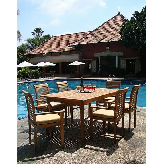 WholesaleTeak Outdoor Patio Grade-A Teak Wood Dining Set : 6 Seater 7 Pc - 71" Rectangle Table And 6 Mas Stacking Arm Chairs #WMDSMS8