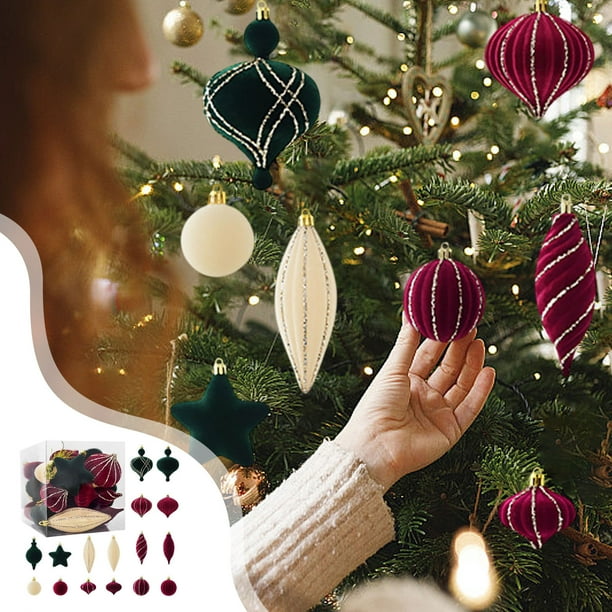 Juego de adornos navideños Flock: 24 bolas navideñas de terciopelo en rojo, verde, blanco y marrón | Adornos colgantes para árbol de 6 cm.
