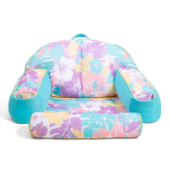 Big Joe Lazy Lounger No Inflation Needed Pool Float with Headrest and Footrest, Tropical Hibiscus Aqua Double Sided Mesh, Quick Draining Fabric, 3.5 feet Lounger