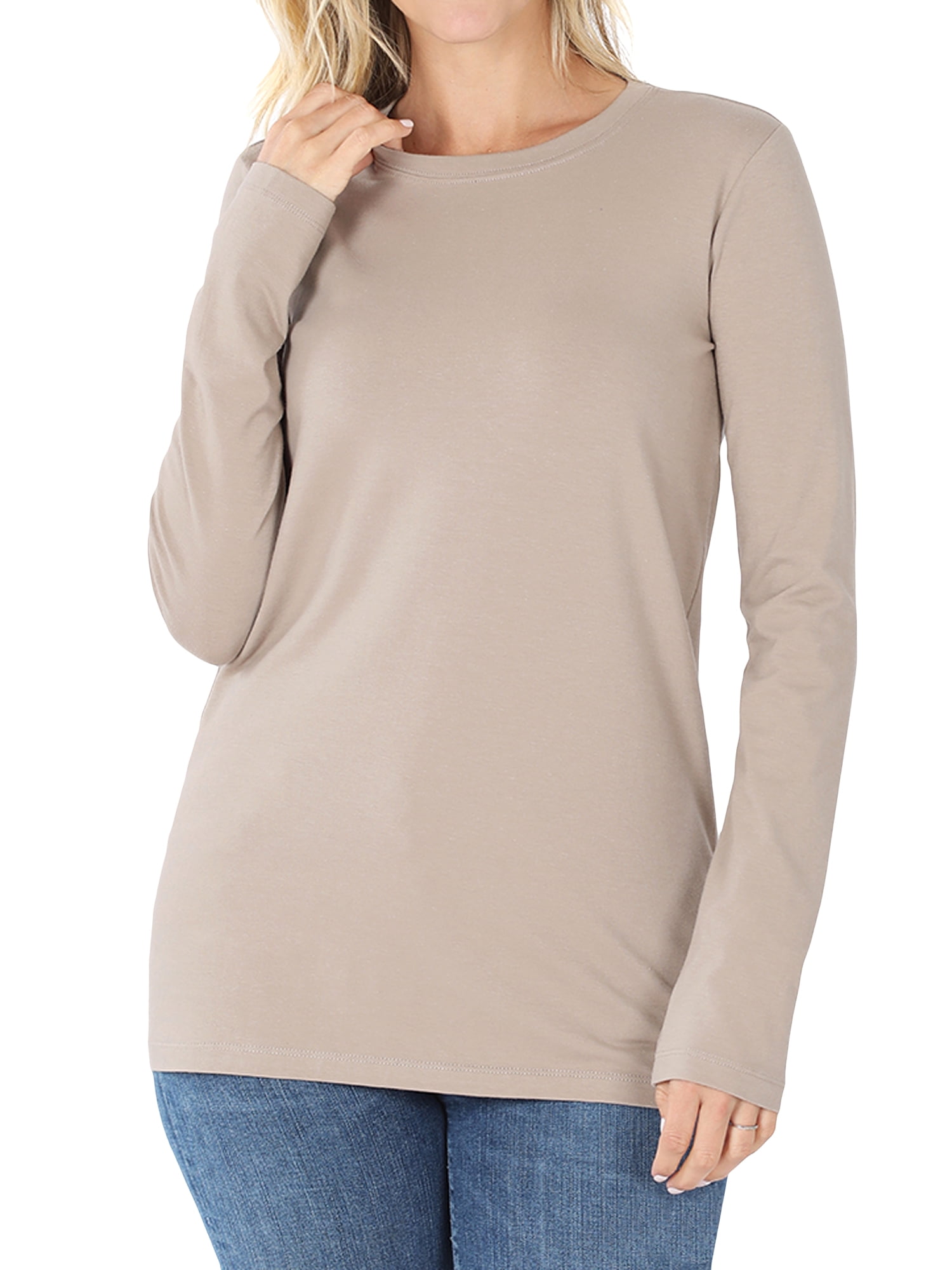 Women Basic Round Crew Neck Long Sleeve Stretch Cotton Spandex T Shirts 