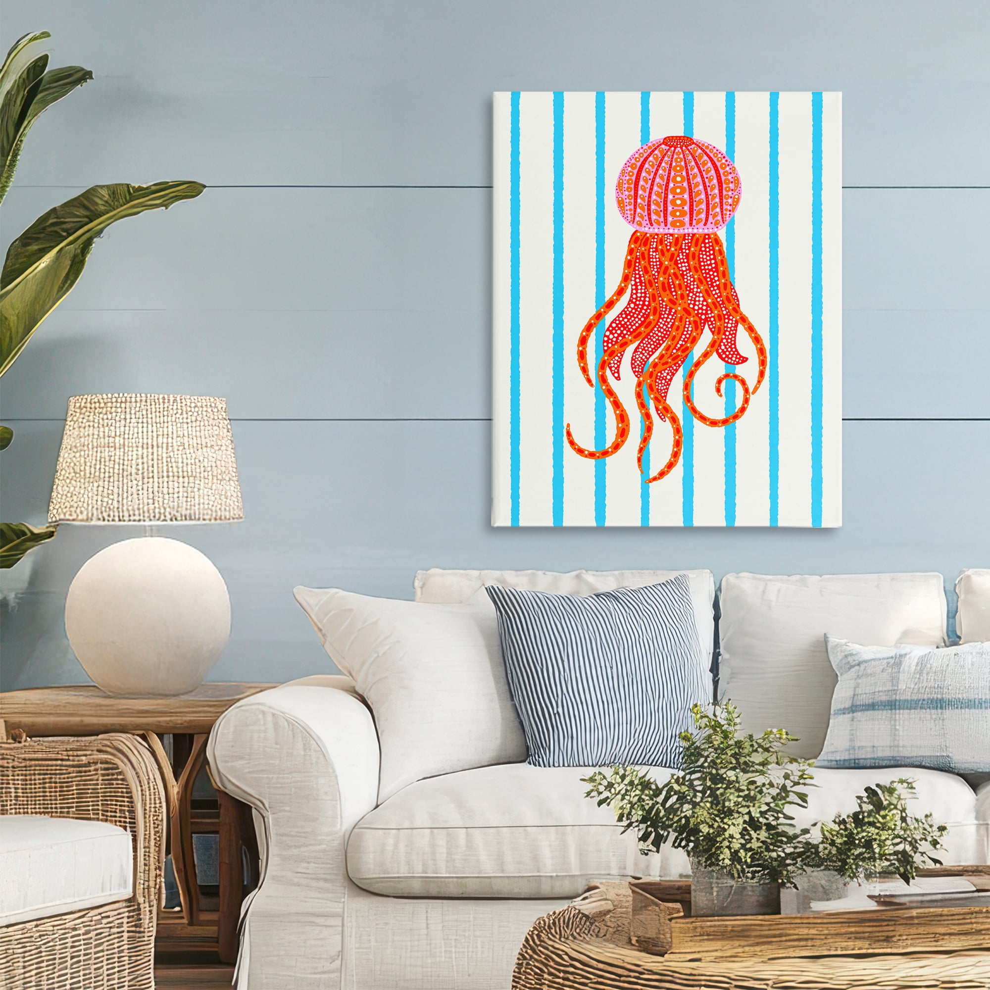 Stupell Industries Bright Aquatic Jellyfish on Stripes Canvas Wall Art, design by Indira Prieto | IndySign