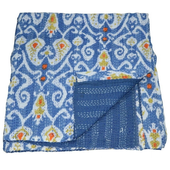 Ikat Print Kantha Cotton Quilt Indian Handmade Kantha Quilt Bedding Kantha Throw Blue Bedspread Quilt Double Size