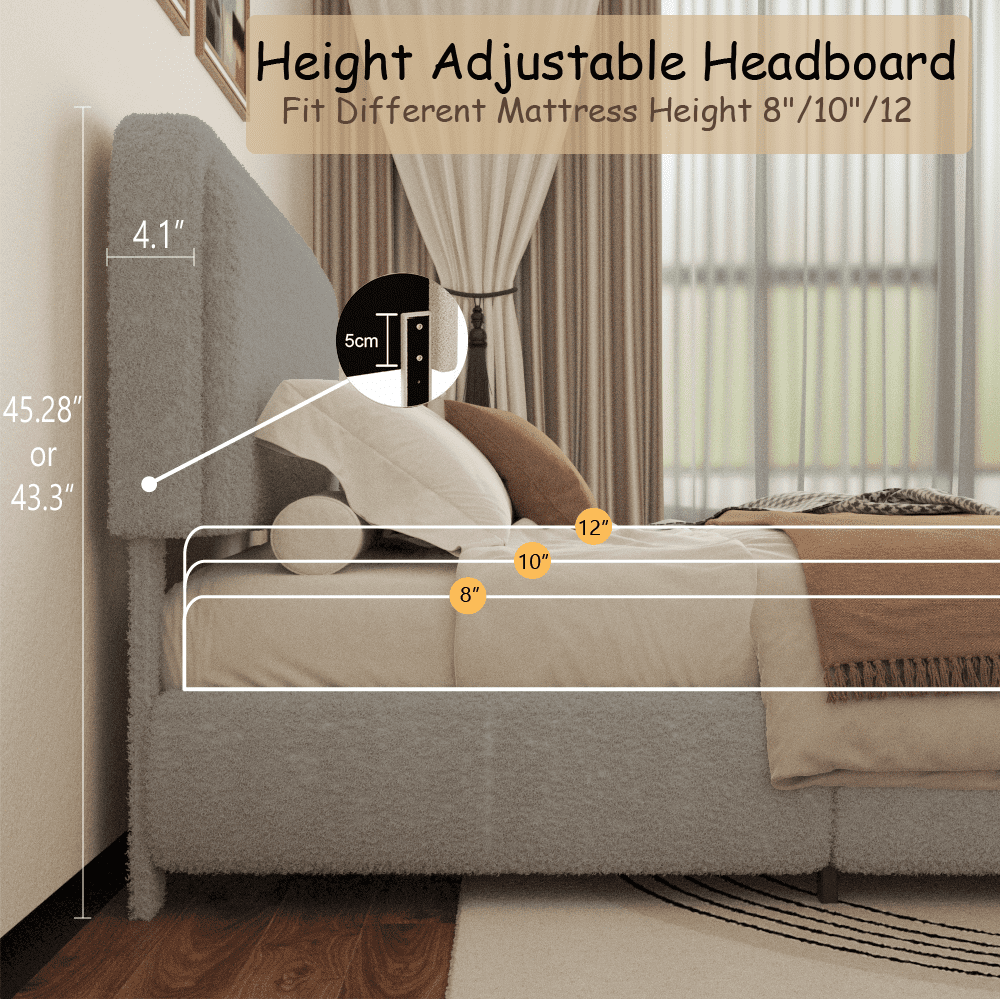 VIPLOV King Size Boucle Bed Frame, Cloud Upholstered Platform Bed with Height Adjustable Headboard & Soft Rounded Corners, No Noise Free, Easy Assembly.light gray
