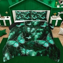 Feelyou Adult Fashion Butterfly Queen Comforter Set, Romantic Animal Bedding Sets, Mystic Green Galaxy Reversible Bedding Comforter Set, Luxury Bedroom Decor, 3-Piece