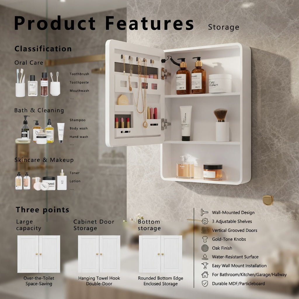 Hommoo LED Bathroom Medicine Cabinet with Anti-Fog Mirror & Warm White Lighting, Wall-Mounted Aluminum-Plastic Vanity Storage Cabinet, One Door, White