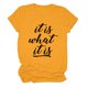 thumbnail image 1 of Camisa con estampado de letras, cuello redondo, manga corta, informal, suave, de gran tamaño, con estampado de letras, top de verano para mujer, mostaza (letra negra) S, 1 of 4