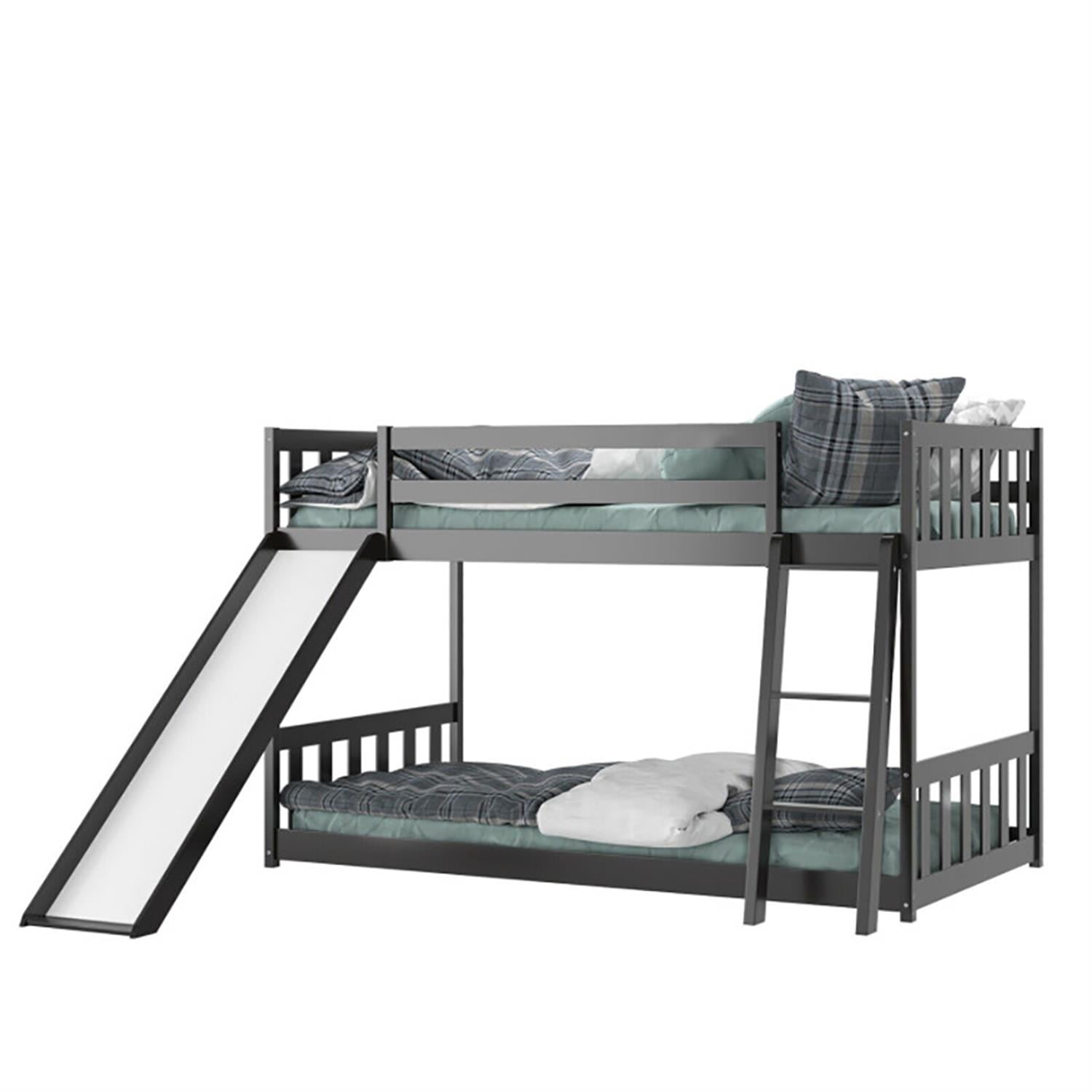 Demi Bonn Twin Over Twin Bunk Bed with High Guardrails and Slide Ladder, Twin Bunk Solid Wood Low Beds, Bed Frame, Brown