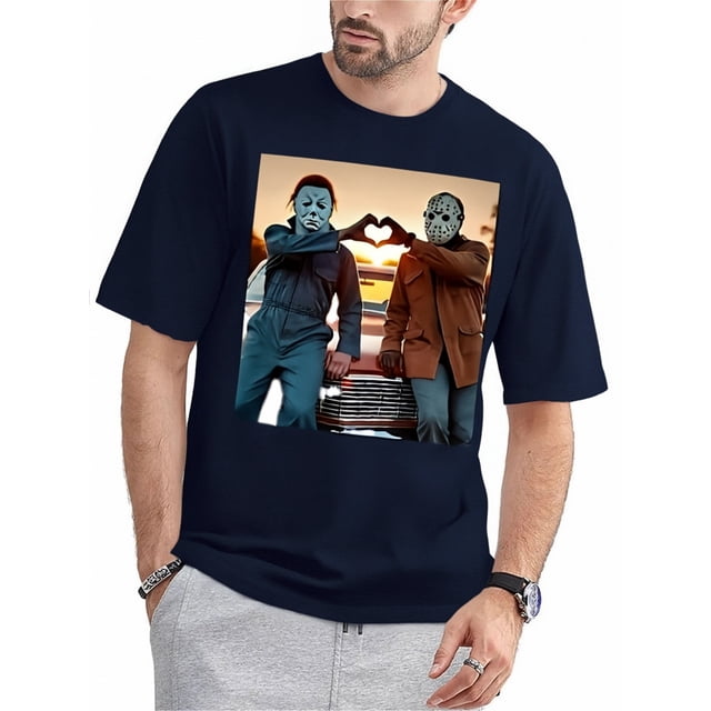 Jason Wallis Vintage Halloween-Inspired Cotton T-Shirt - Funny Michael Myers Print, Casual, Loose Fit, Machine Washable, Solid Color, Heat Transfer