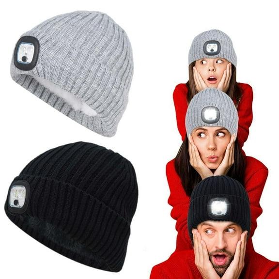 KANCOKIT Plush Beanie with Light, USB Rechargeable LED Headlamp Hat Warm Knitted Cap, Gifts for Men Women, Black