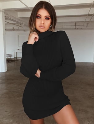 NB Women Turtle Neck Jumper Dress Long Sleeve Ribbed Cable Knit Sweater Dress Slim Fit Roll Neck Stretchy Casual Mini Dress for Autumn Winter
