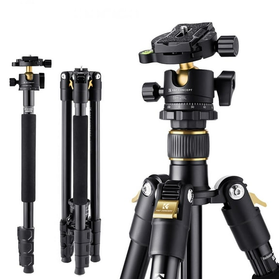 K&F Concept 64"/1.6m Lightweight Travel Tripod Compact Aluminum Alloy Tripod 10kg/22lbs Load Capacity with 28mm Metal Ball Head & Detachable Monopod Golden