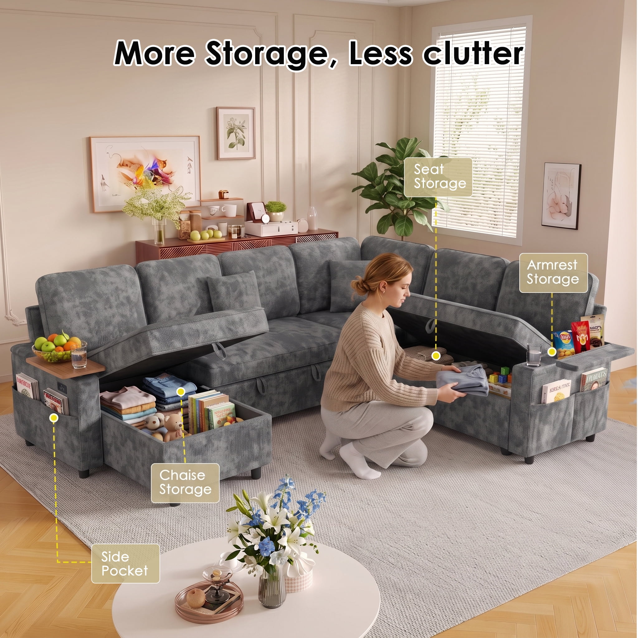 Xiweot 108" Modular Sectional Sleeper Sofa with Pull Out Couch, L Shaped Sofa Bed with Storage Chaise, Adjustable Backrest, USB Ports & Small Table, 7 Seaters Chenille Sofa for Living Room (Gray)