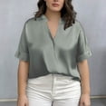 thumbnail image 5 of Aueoeo Women's Plus Size V-Neck Short Sleeve Satin Tops – Casual Solid Color Shirts for Springtime Summer and Fall (L–5Xl),Gray,XXL, 5 of 5