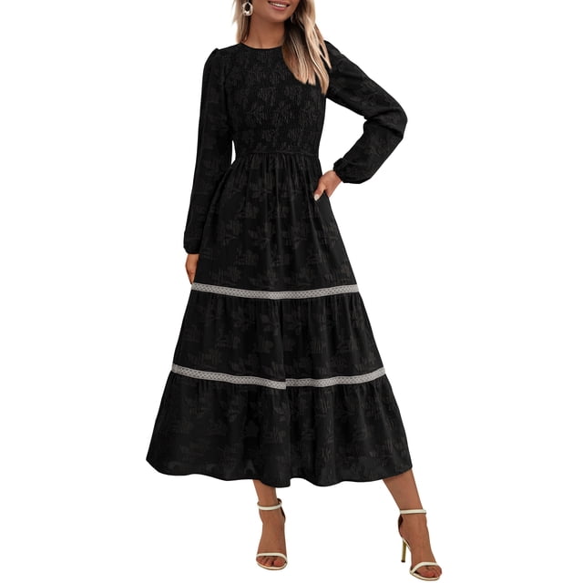 Vestido PRETTYGARDEN para mujer, midi, manga larga, estampado floral, negro