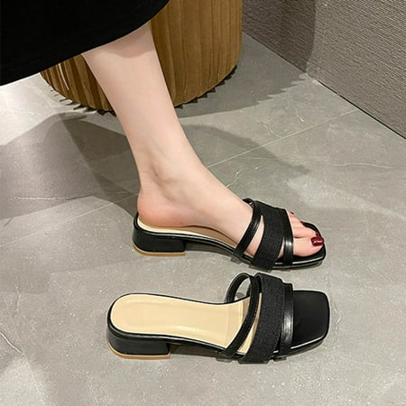 

Njoeus Slippers For Women Indoor Womens House Slippers Minimalist Lace-Up Square-Toe Block-Heel Colorblock Strappy Sandals Winter Slippers