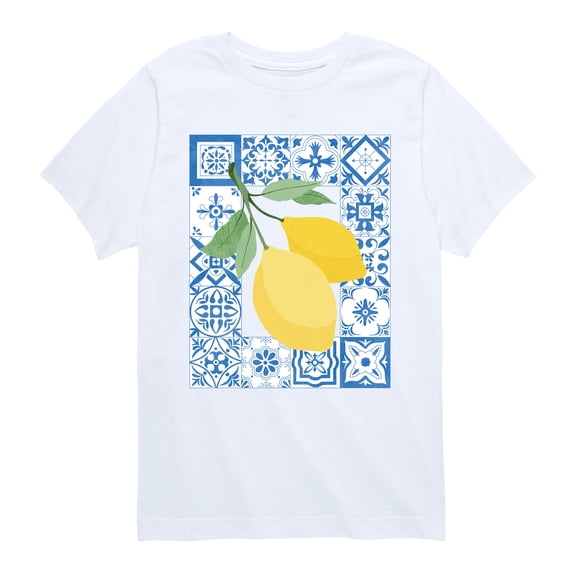 Instant Message - Mediterranean Tiles With Lemons - Youth Boys Short Sleeve Graphic T-Shirt