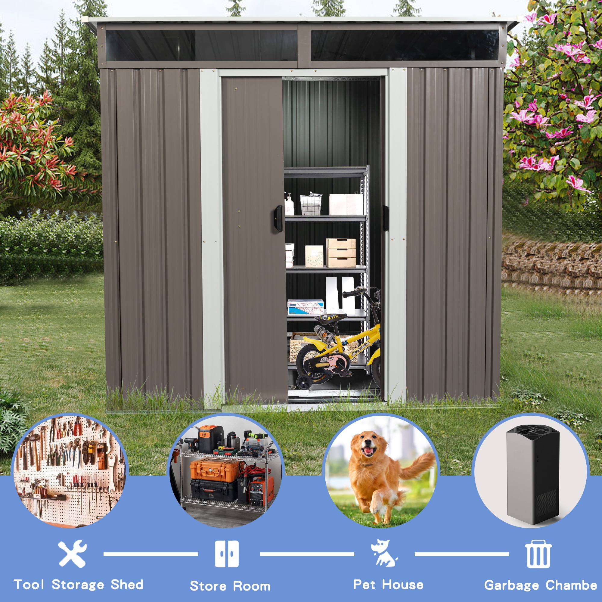 AENKYO Outdoor storage sheds 6FTx5FT Pent roof with Double Lockable Doors for Backyard Patio Lawn - Grey