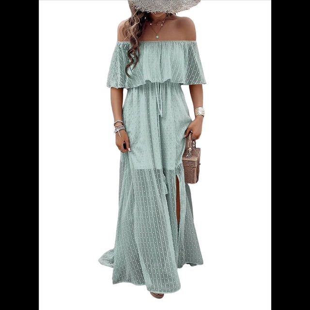 Vestido Informal de Lunares con Hombros Descubiertos para Mujer, con Volantes, Corsé, Borlas y Cintura Alta, con Abertura y Abertura, Color Liso Gris Verde S