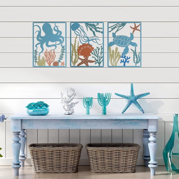 3 Piece Ocean Wall Decor Metal Set, Sea Turtle Octopus Jellyfish Coastal Nautical Beach Wall Art for Home Bathroom Living Room Decoration