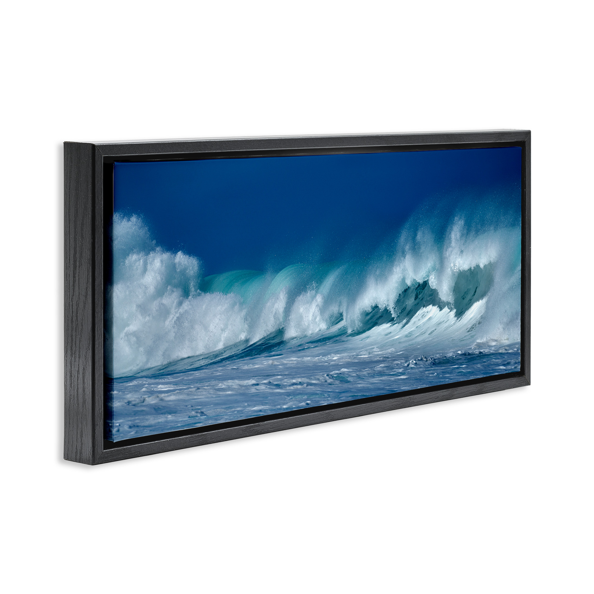 Stupell Industries Panoramic Tsunami Wave Splashing Nature Photography Black Floater Framed Canvas Art Print Wall Art, 31 x 14
