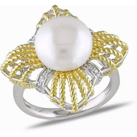 Miabella 10-10.5mm White Button Cultured Freshwater Pearl and 1/5 Carat T.G.W. CZ Two-Tone Sterling Silver Cocktail Ring