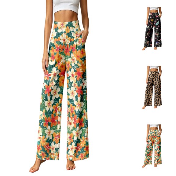 Arlun Leopard Print Palazzo Pants for Women Summer Wide Leg Stretchy High Waist Flowy Pants 2026 Beach Vacation Bottoms Loose Comfortable Casual Trousers with Pockets 3-Coffee XL