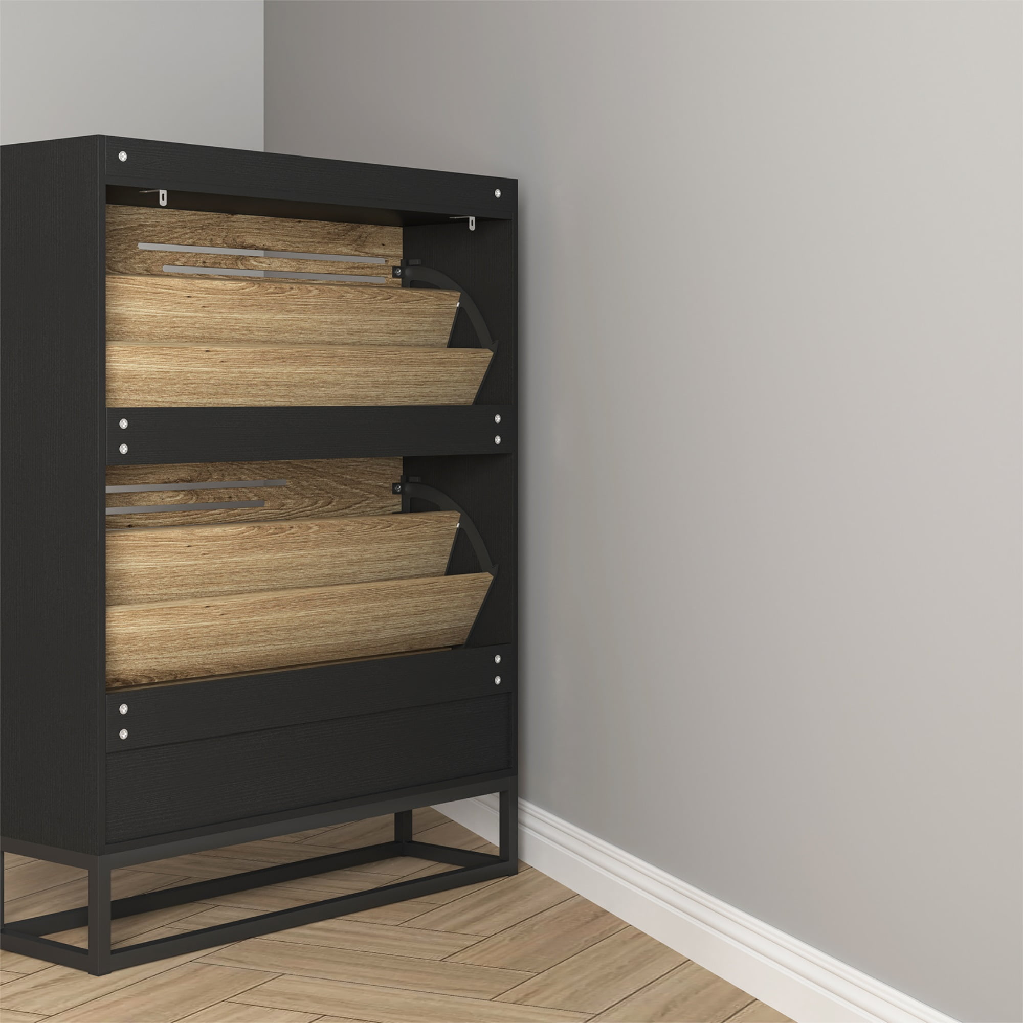 Finihen Shoe Cabinet, 2-Tier Shoe Storage Cabinet with Flip Doors, Vintage Entryway Shoe Organizer Rack with Open Shelves for Narrow Closet, Living Room, Black Finihen Shoe Cabinet, 2-Tier Shoe Storage Cabinet with Flip Doors, Vintage Entryway Shoe Organizer Rack with Open Shelves for Narrow Closet, Living Room, Black