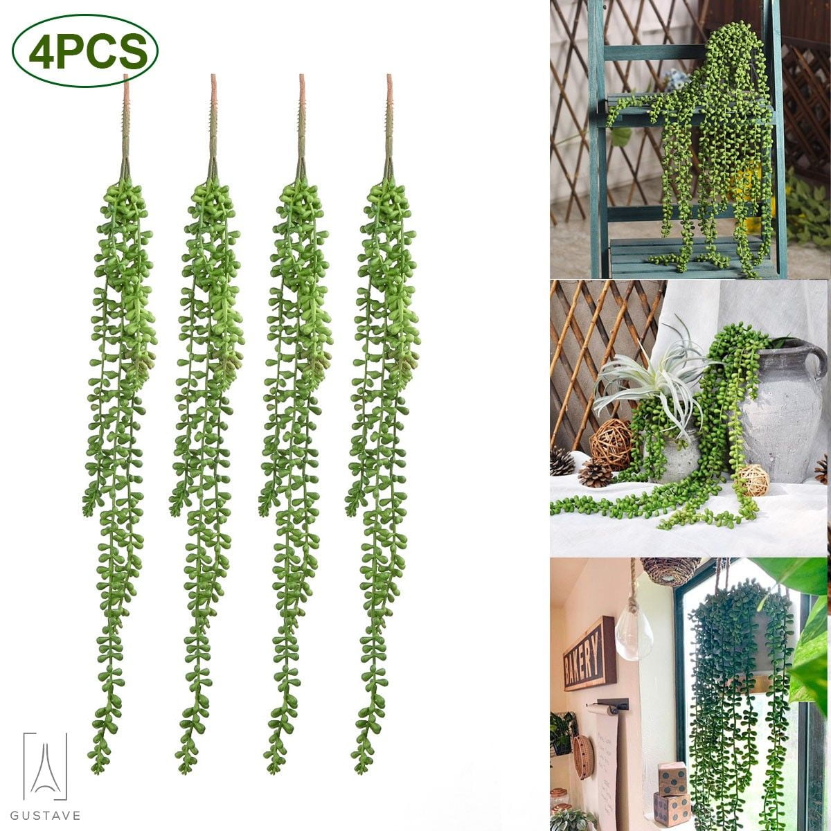 Gustave 4Pcs Artificial Hanging Plants, Fake Succulent String of Pearls Fake Hanging Vine for Wedding Party Home Kitchen Garden Wall Decoration Outdoor Indoor Ornaments "L"