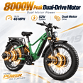 thumbnail image 4 of Fat Tire Dirt Bike for Adults, Peak 8000W Dual Motor 52V 30Ah 45MPH & 100 Miles, 26"x4" Hydraulic Brakes Full Suspension AWD 7 Speed UL 2849, 4 of 13