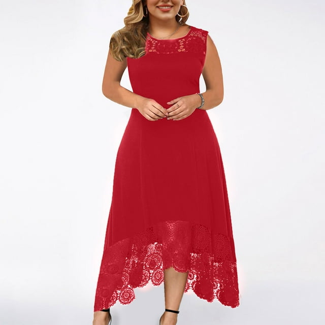 Jusqu'à 65 % de Réduction! Robes de Mode d'Été pour Femmes 2024 Grande Taille Décontractée Couleur Unie Col Rond Aguichant Dentelle Sans Manches Robe Ample