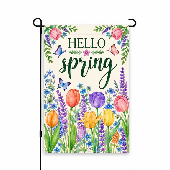 Garden Flag 12 x 18 Inch "Hello Spring" with Colorful Flowers & Butterflies Design for Outdoor Decor – Perfect for Yard, Lawn, Garden, Patio Display