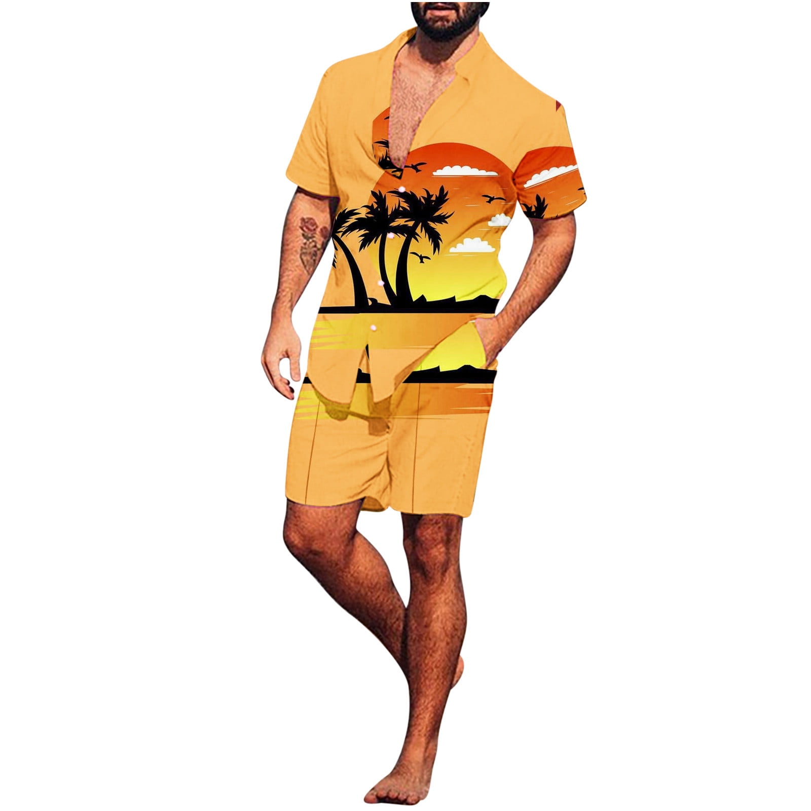 DDAPJ pyju 2023 Summer Hawaiian Sets Palm Trees Sunset Print Button