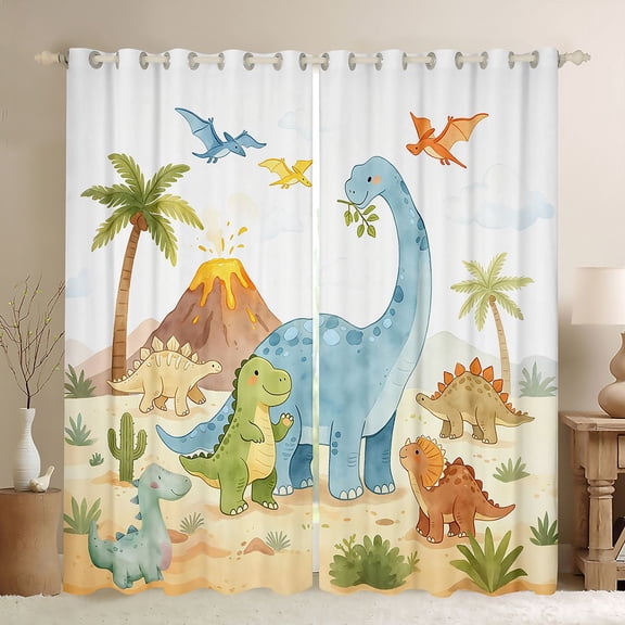 Homewish Cute Dino Family Kitchen Curtains,Jungle Animals Black Out Curtains Pack of 2 (42x63 Each)