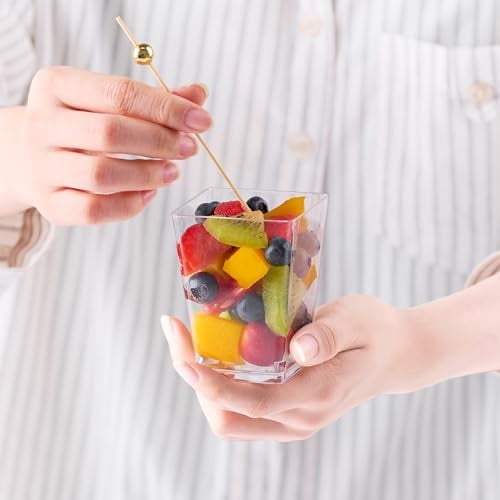 50 Sets 5oz Plastic Charcuterie Cups With Sticks - Disposable Clear Appetizer Fruit Salad Cups for Party (50 Cups + 100 Cocktail Picks)