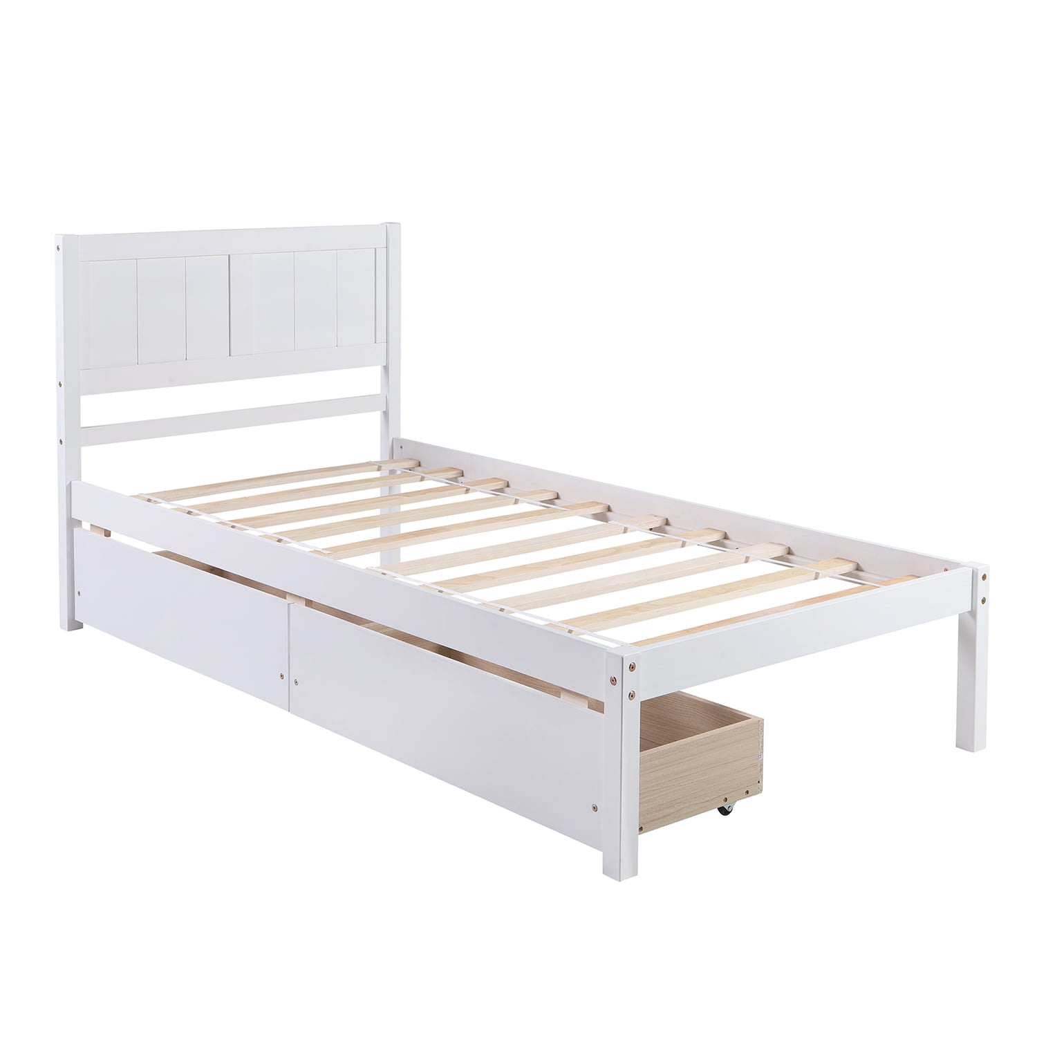 Kepooman Twin Size Solid Wood Platform Bed Frame with 2 Drawers & Headboard for Bedroom, 79.5"L x 41.7"W x 40.6"H, White Kepooman Twin Size Solid Wood Platform Bed Frame with 2 Drawers & Headboard for Bedroom, 79.5"L x 41.7"W x 40.6"H, White