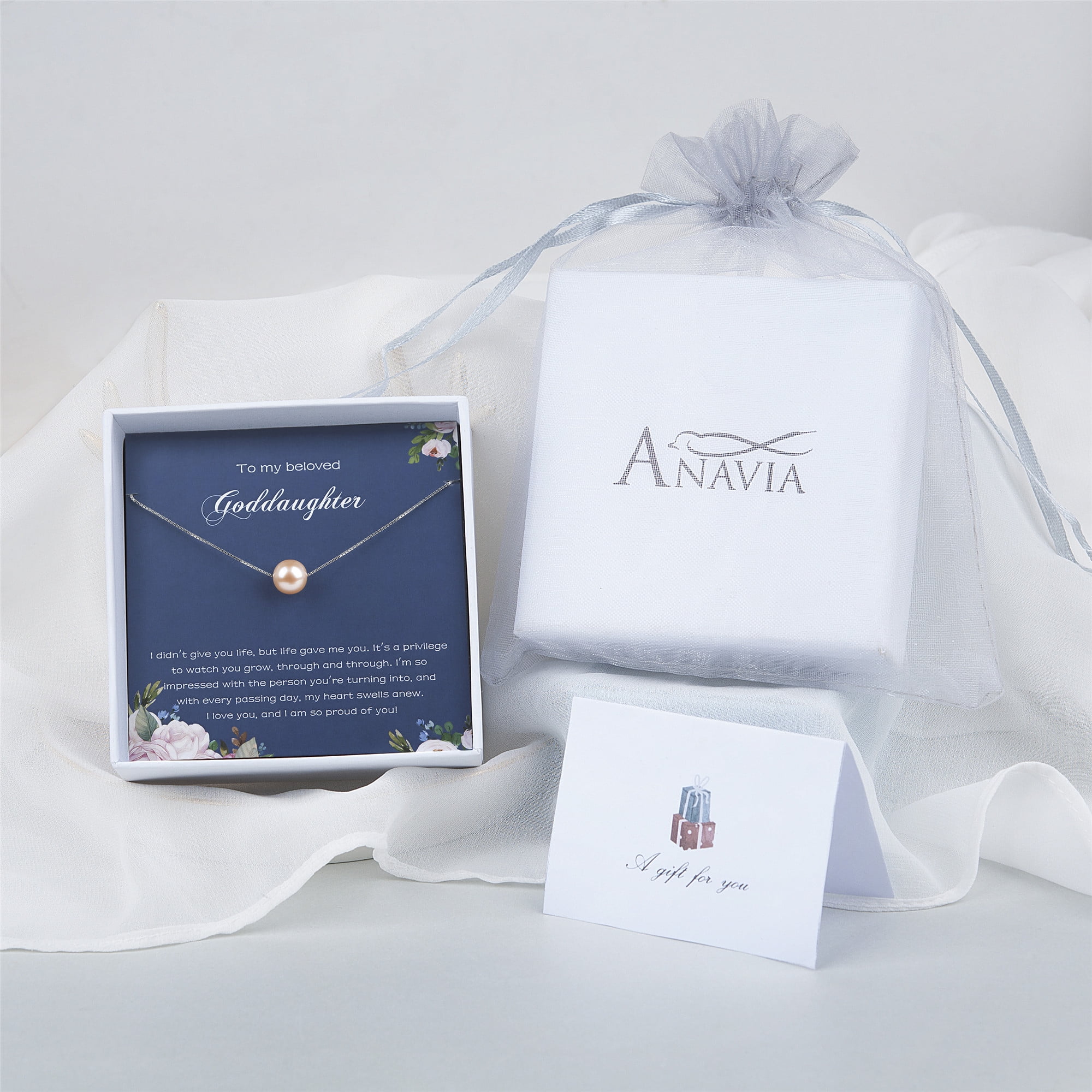 Anavia To My Beloved Goddaughter Gift Card, Goddaughter Birthday Gift from Godmother, Goddaughter Wedding Gift Pearl Necklace-[Pink Pearl + Silver Chain]