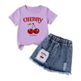 thumbnail image 2 of ITSAME Girls Outfit Sets, Crewneck Printed T-Shirts and Denim Skirts Summer Casual Clothes 2-Piece Purple Size 4-5, 2 of 6