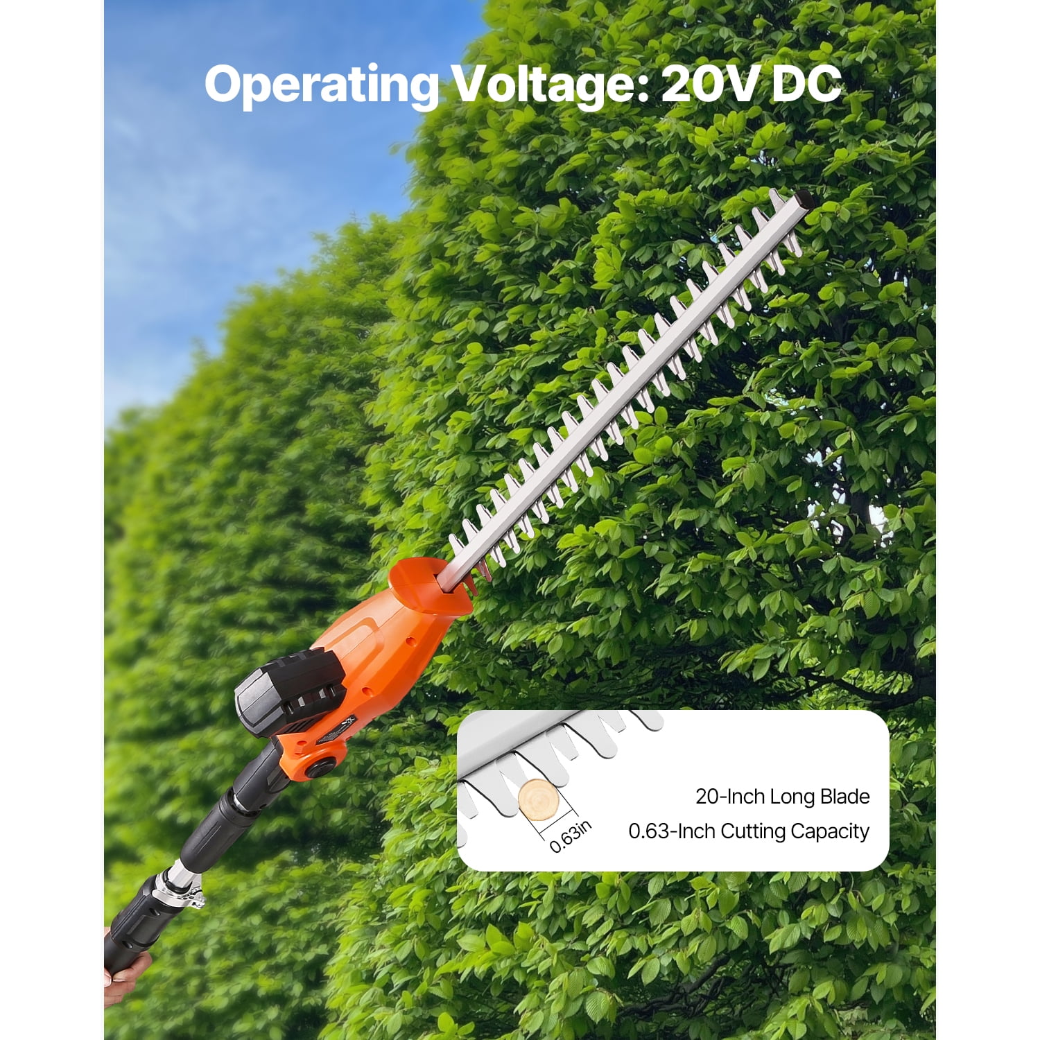 KFFKFF Cordless Hedge Trimmer, 1200 RPM, Extendable 6.2 - 7.8 Ft, Pole Trimmer for Elevated Branches, Comes with 20V Battery, 20 in Blade with 5 Adjustable Angles, for Yard and Garden Maintenance